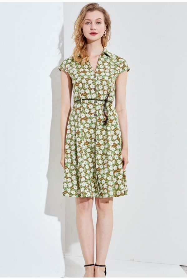 Cotton and linen dress with belt