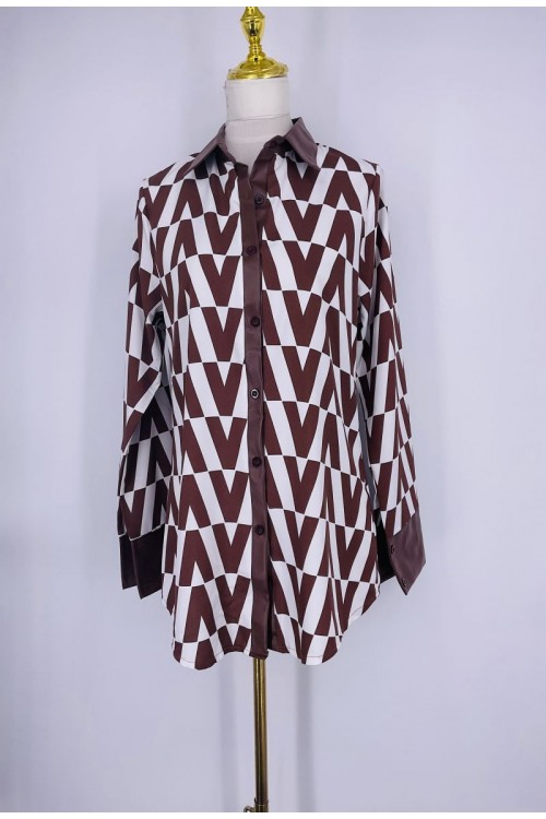 Printed shirt with faux leather sleeve and collar
